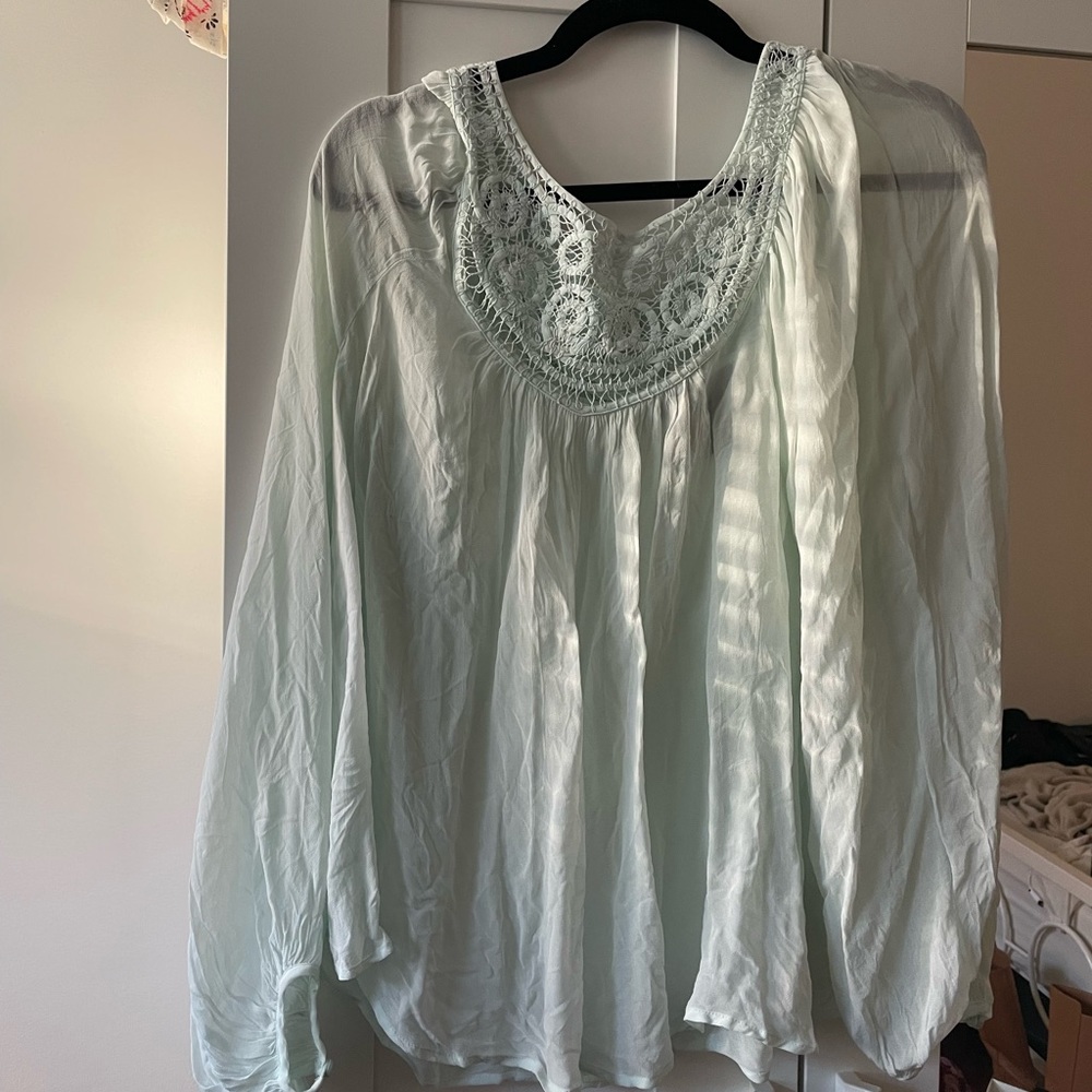 Anthropologie brand Vanessa Virginia mint green embroidered peasant blouse